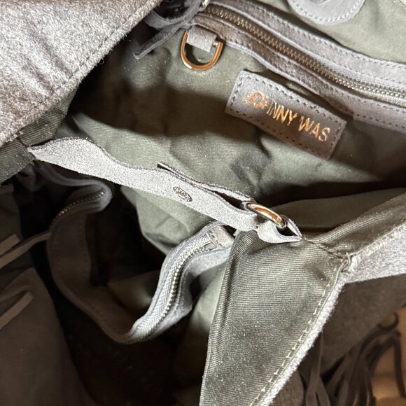 Johnny Was Elodie Suede Felt Laser‎ Cut Fringe Boho Gray Suede Leather Tote NWOT - Picture 7 of 8